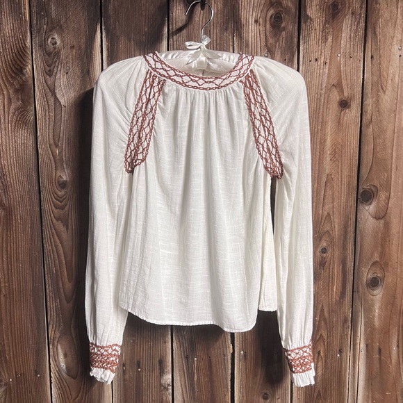 Faherty Arles Brown Embroidered Peasant Blouse White Balloon Sleeve Boho Sz XS - Picture 7 of 12